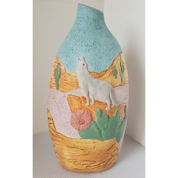 Southwestern Original 3d Studio Art Pottery Wolf Vase Floral Cactus Desert Decor - Picture 2 of 14